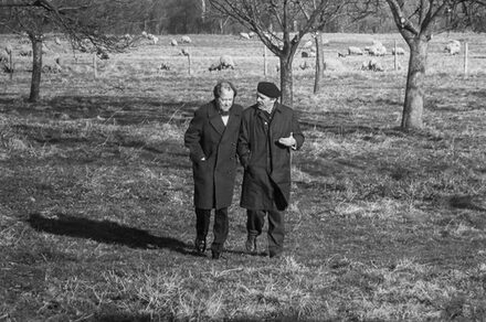Heinrich Böll mit russischem Schriftsteller beim Spaziergang auf der Wiese