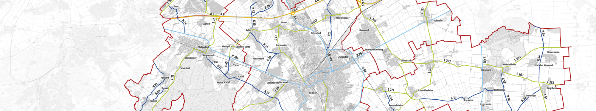 Übersichtskarte aller Landes-, Bundes- und Kreisstraßen im Kreis Düren