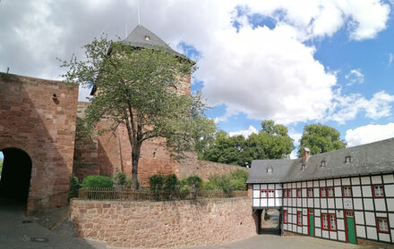 Äußeres Burgtor mit Zwinger und Pförtnerhaus (rechts im Bild) mit Zufahrt zum Haupttor (links im Bild)