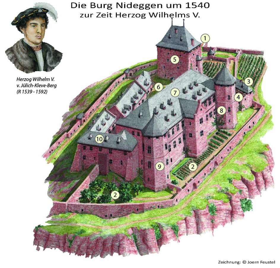 Zeichnung zeigt die Rekonstruktion der Burg Nideggen um 1540 zur Zeit Herzog Wilhelms V. [Zeichnung: © Joern Feustel]