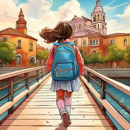 Niña sonriente de camino al colegio; primer día de colegio