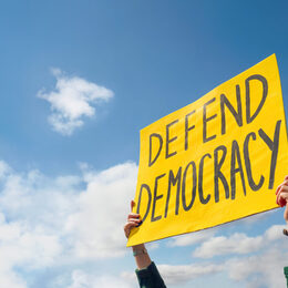 Person holding up a Protest sign that reads "Defend Democracy" against a blue cloudy sky