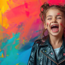 little cute girl in a black leather biker jacket screams on a color background in the studio, children, child, childhood, teenager, kid, schoolgirl, fashion, style, rock, space for text, rocker, rebel