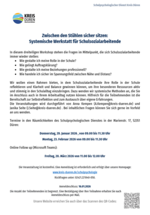 Veranstaltungsbeschreibung zu: Zwischen den Stühlen sicher sitzen: Systemische Werkstatt für Schulsozialarbeitende