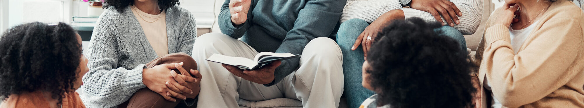 Family relax, wow with fantasy and reading book, grandparents with parents and kids at home for storytelling. Surprise, shock and imagine, generations and happy people with novel, bonding and love