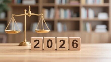 Golden scale and year 2026 on wooden blocks