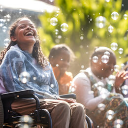 A Happy smiling Girl sitting in a Wheelchair. Children disabled person. Inclusive Education Concept.