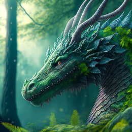 Ancient forest dragon covered with green plants. Postproducted g