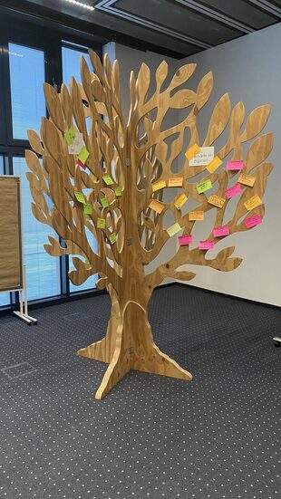 Holzmodell eines Baumes mit Post-Its auf denen Ideen stehen