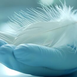 close up of a medical glove hand holding a feather, concept of bird flu awareness, global bird flu infection